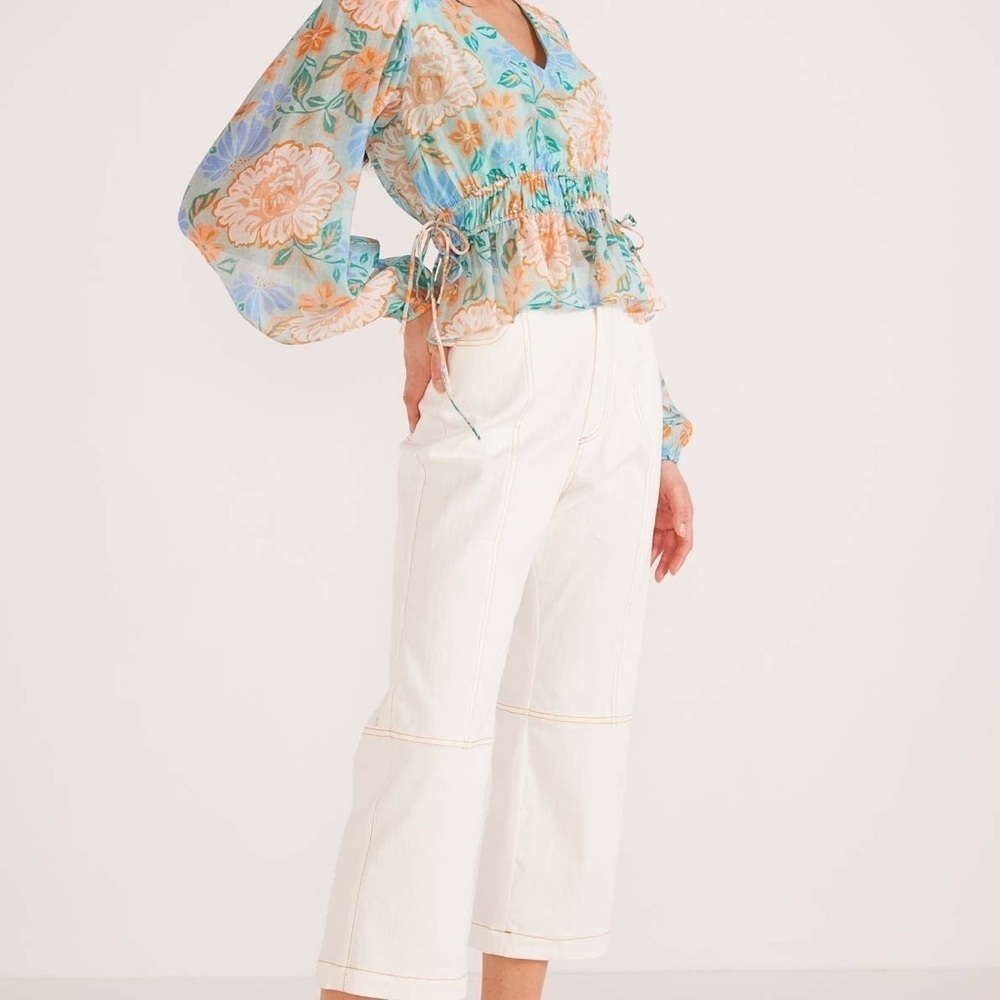 MINKPINK V-Neck Floral Sheer Top Blue Medium - Picture 3 of 10
